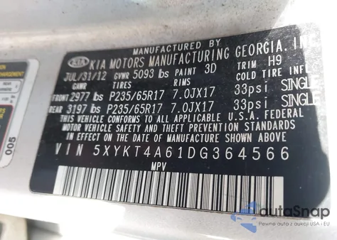 2013 Kia Sorento Lx z USA, uszkodzony, nr VIN 5XYKT4A61DG364566